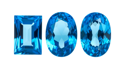 Three vibrant blue gemstones, cut in different shapes, isolated on a black background