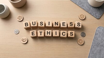 Wooden cubes spelling “Business Ethics” on modern desk, integrity and trust, professional corporate values concept