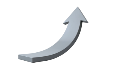Metallic, upward-curving arrow with a 3D effect, isolated on a black background