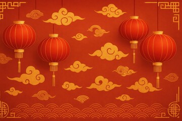 Traditional Chinese Lanterns and Clouds on Vibrant Red Background