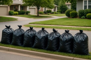 Seven Black Garbage Bags Neatly Placed on Green Grass by Road