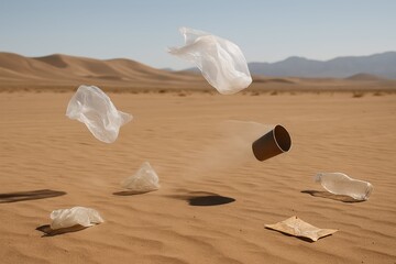 Waste Floating in Desert Air with Plastic Bags and Bottle Debris