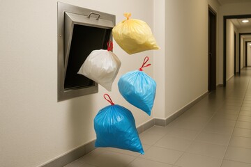 Colorful Trash Bags Dropping into Waste Chute in Modern Hallway