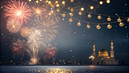 Fireworks and Golden Bokeh Lights on Festive Background for New Year Celebration, Ramadan Holiday Event and Joyful Festival Concept with Copy Space