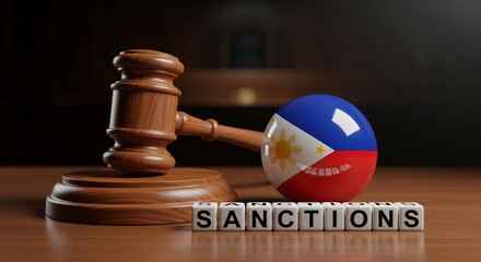 Philippine flag ball with gavel and sanctions text on wooden desk