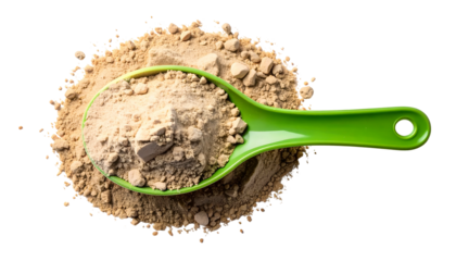 A vibrant green spoon scoops a tan powder, centered against a black background