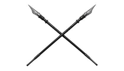 Two ornate spears, crossing each other against a black backdrop. Sharp blades point outward