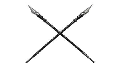 Two ornate spears, crossing each other against a black backdrop. Sharp blades point outward