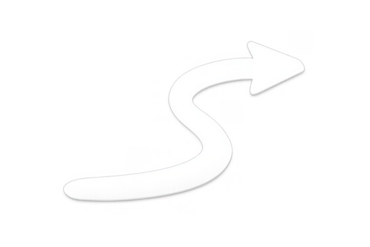 White curved arrow symbol representing guidance, path, change, or process flow pointing to the right on a transparent background - Powered by Adobe