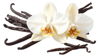 Vanilla beans and white orchid flowers with yellow centers against a transparent background