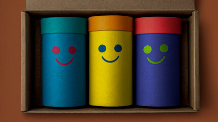 Product packaging for three colorful paper tubes with happy faces. Packaging design concept for kids, mockup in a cardboard box, on a solid background
