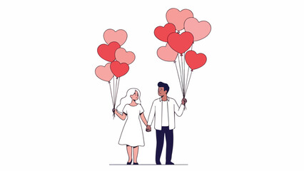 Happy couple holding heart-shaped balloons, symbolizing love and togetherness, celebrating a special romantic moment or anniversary occasion