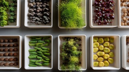 Crop Diversity An assortment of genetically varied crops arranged in vertical trays highlighting different leaf shapes and colors demonstrating the results of crop genetic testing.