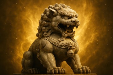 Majestic Lion Sculpture Surrounded by Glowing Golden Light