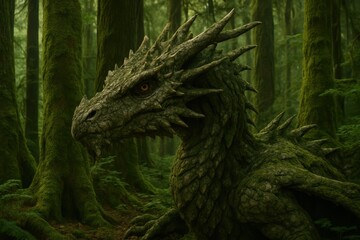 Mystical Green Dragon in Enchanted Forest Surrounded by Trees