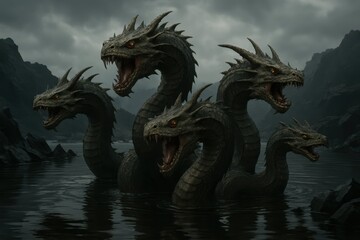 Mythical Five-Headed Serpent Emerging from Dark Waters