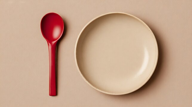 A red spoon next to a beige empty bowl, shot from above, on a brown background