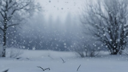 Snow-covered landscape evoking the serenity of winter with trees and falling snowflakes creating a