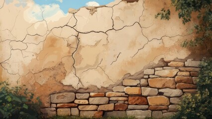 Cracked, weathered wall with stone base, foliage framing a blue sky