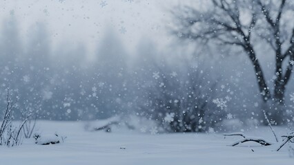 Snowy winter wonderland landscape with falling snow and a forest backdrop creating a magical