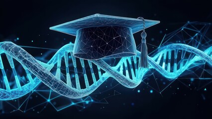 Graduation cap and DNA helix, digital illustration