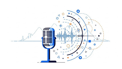 A blue microphone with sound waves and various symbols around it on a white background for audio or music