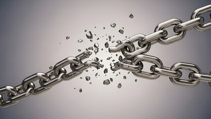 Strong symbolic image of a metal chain breaking against a gray gradient backdrop