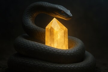 Snake Wrapped Around a Glowing Crystal in Mystical Setting
