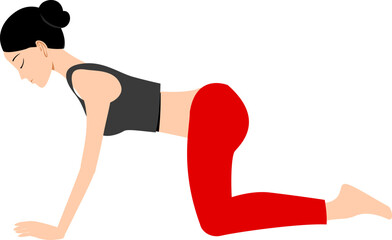 Woman performing yoga cat pose illustration for fitness and wellness simple flat vector design on white background