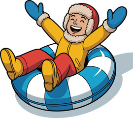 Cartoon boy tubing down hill with arms raised in winter snow cheerful kid laughing having fun enjoying recreational activity outdoors seasonal holiday vacation for children's books and educational mar