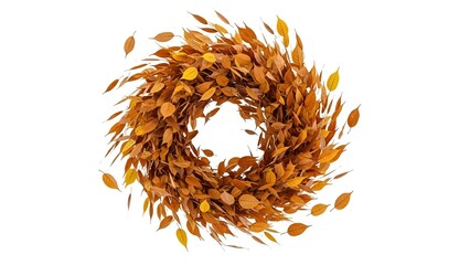 Whimsical autumn leaf vortex on white backdrop evoking transitional season aesthetic