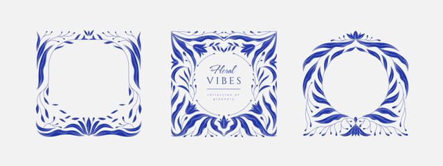 Retro floral frame or cover. Botanic design elements in wavy and naive style. Boho leaves branches and blooming print for poster, social media and packaging or greeting card