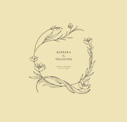 Elegant calligraphic botanical wreath, floral frame and graceful branches. Wedding wildflowers for invitation save the date card. Botanical feminine rustic vector illustration