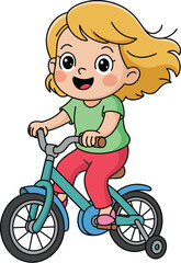 Cute cartoon girl riding bicycle with training wheels happy child learning to ride bike having fun outdoor activity recreational childhood development illustration for children's books educational mat