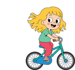 Happy cartoon girl riding bicycle outdoor active lifestyle illustration cheerful young female character enjoying bike ride for kids children's book animation educational material healthy childhood con