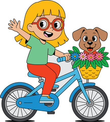 Cartoon girl riding bicycle with dog illustration vector design cheerful kid cyclist with pet in flower basket happy outdoor activity playful animal friend healthy lifestyle children's book art fun re