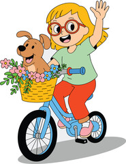 Cheerful cartoon girl riding bicycle with cute dog in flower basket waving hand friendly joyful illustration for children's books educational materials playful design summer activities creative projec