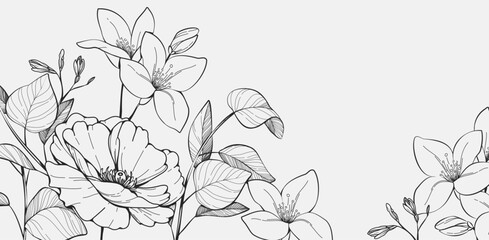 Fototapeta na wymiar Floral bakground with bouquet of various flowers. Botanical foliage for wedding invitation, wall art or wallpaper. Vector illustration. Luxury inked