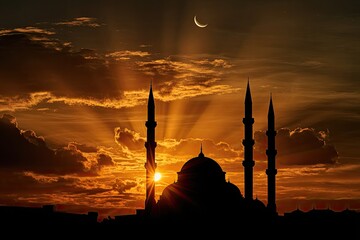 Silhouette of a mosque with minarets against a dramatic sunset and a crescent moon