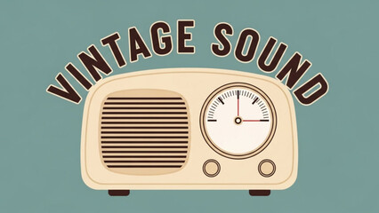 Vintage radio with dial and speaker on green background with vintage sound text