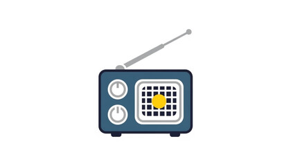 A blue vintage radio with a white speaker grill and yellow accents on a plain white background