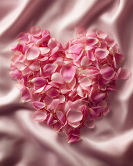 Heart Shape Made of Pink Rose Petals on Silk Background