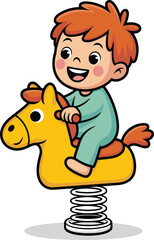 Cartoon boy riding rocking horse spring toy happy child having fun childhood activity playful games illustration for kindergarten preschool playtime joyful cheerful character design for children's boo