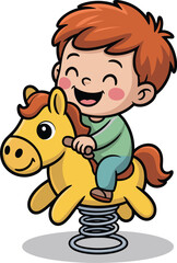 Happy cartoon boy riding yellow toy horse spring rider enjoying outdoor playtime fun cheerful kid character illustration for children's books educational materials kindergarten posters childhood devel