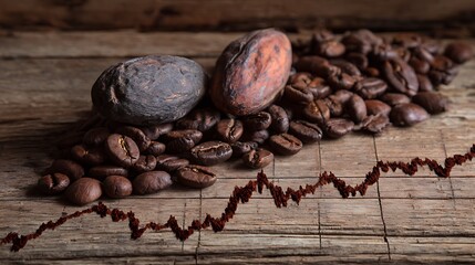 Close-up view of roasted coffee beans, cocoa pods, and an overlaid fluctuating trend line