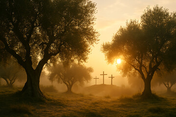 Sunrise light filtering through ancient olive trees, peaceful biblical countryside setting