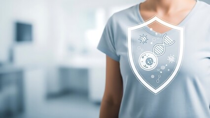 Woman in Casual T Shirt with Digital Shield Icon Representing Immunity and Healthcare in Modern Laboratory Setting