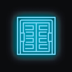 Blue neon icon of a garage door glowing on a black background