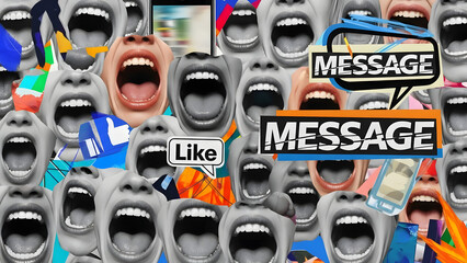 Digital Voices: An abstract composition, a sea of open mouths, and overlaid speech bubbles filled with social media icons, conveying the clamor and conversation of the online world.