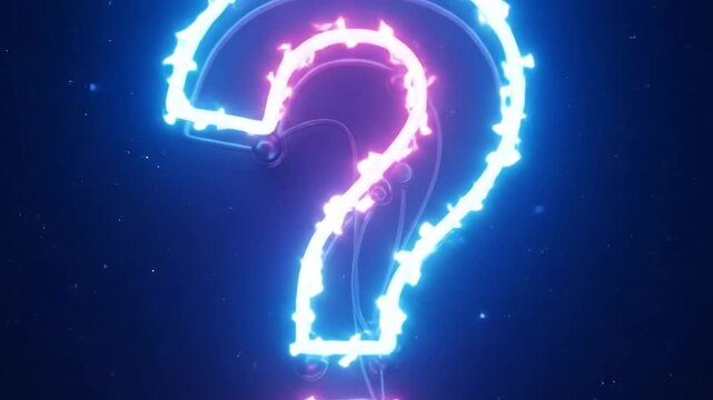 Neon question mark symbol glowing vibrantly on dark blue background